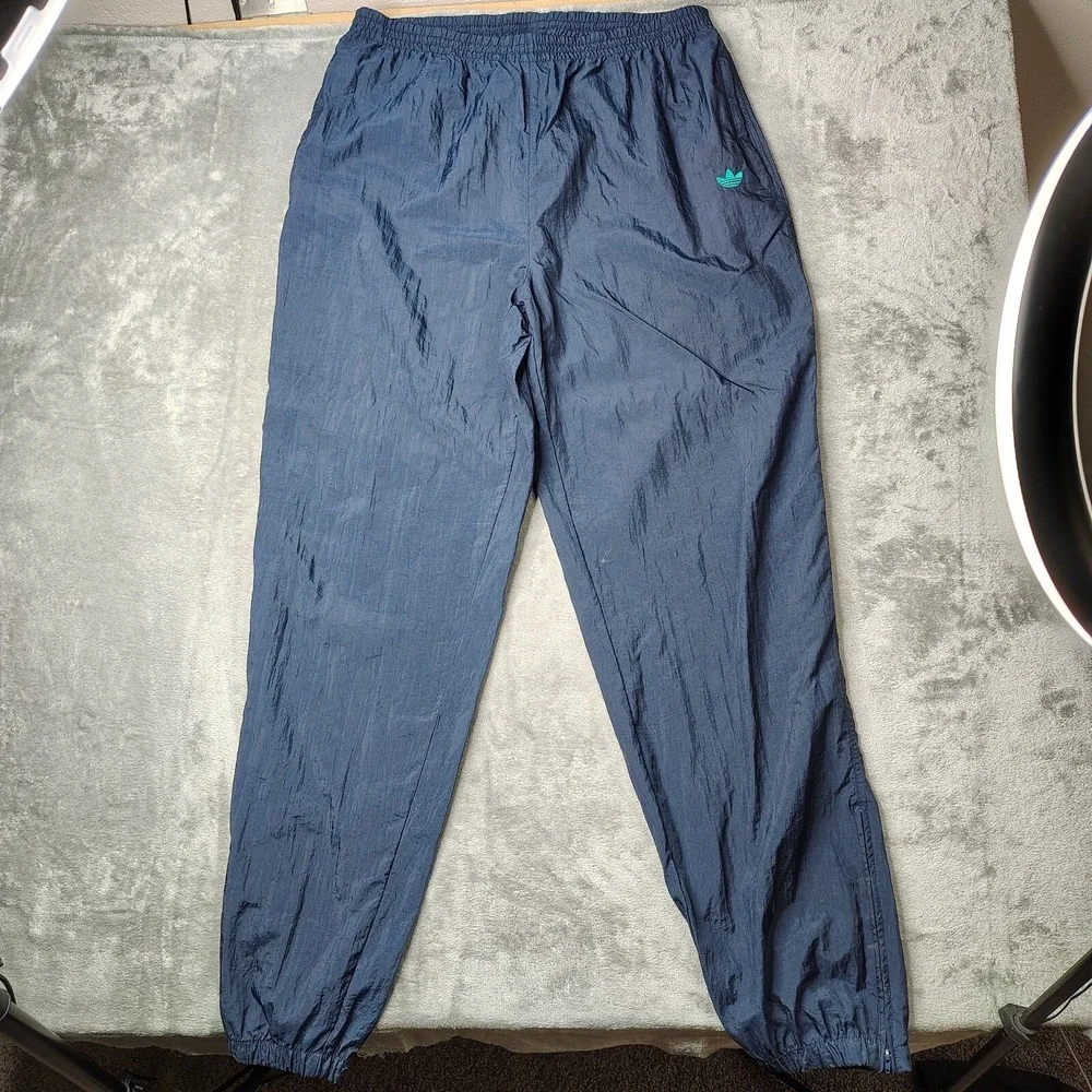 Adidas Originals Track Pants Mens XL Navy Blue Solid‎ Vintage Crinkle Nylon Zip